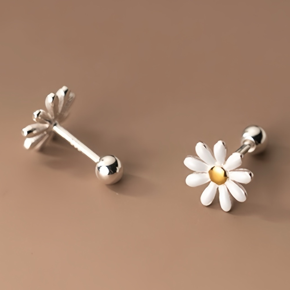 Solid Silver Daisy Flower Screw Back Studs Earrin… - image 2
